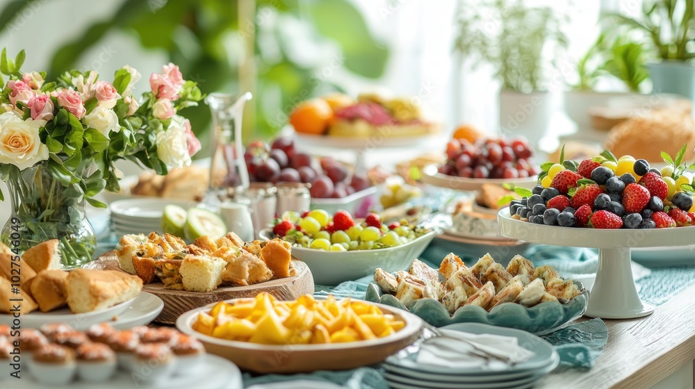 a beautifully arranged brunch table filled with colorful dishes and fresh fruit, showcasing culinary delights a beautifully arranged brunch table filled with colorful dishes and fresh fruit, showcasing culinary delights