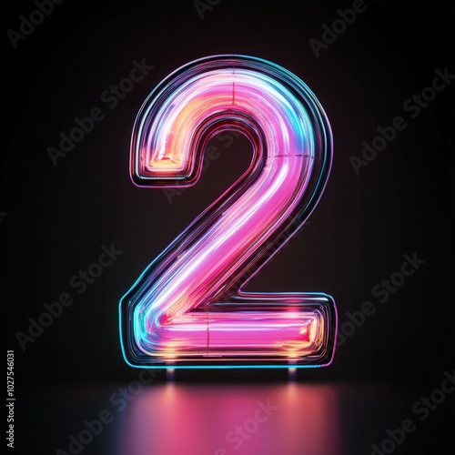 3D number 2 with neon texture realistic modern design, soft lighting, black background