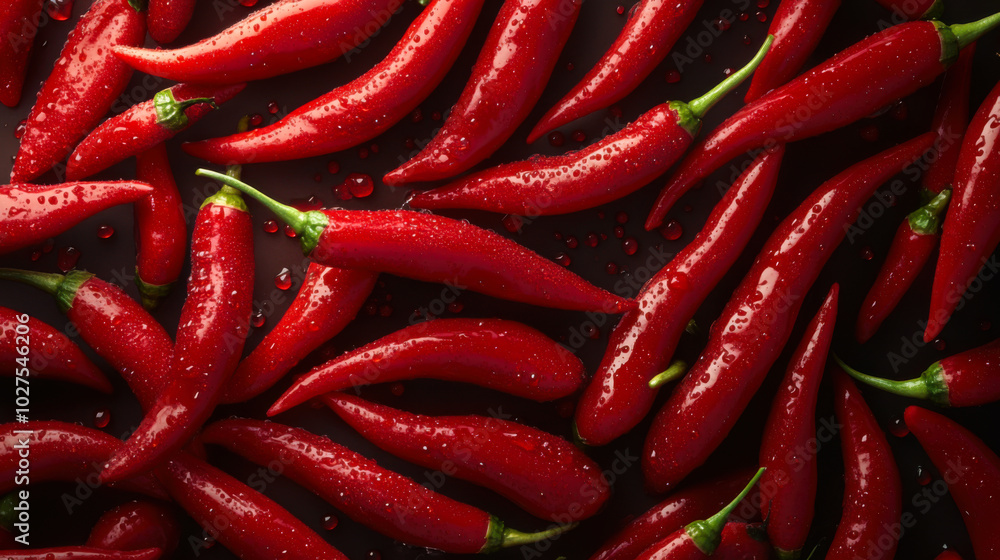 Fresh red jalape?o peppers with droplets, displayed together in a close-up, highlighting their vibrant color and texture Fresh red jalape?o peppers with droplets, displayed together in a close-up, highlighting their vibrant color and texture