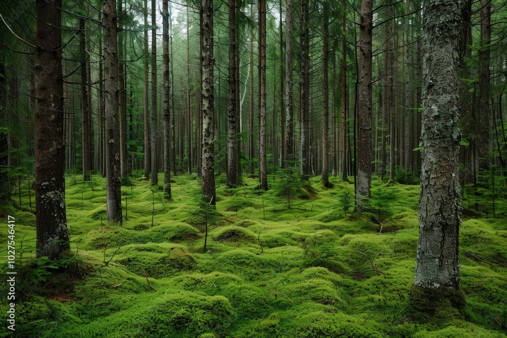 A forest with moss growing on the ground and trees, generative ai image