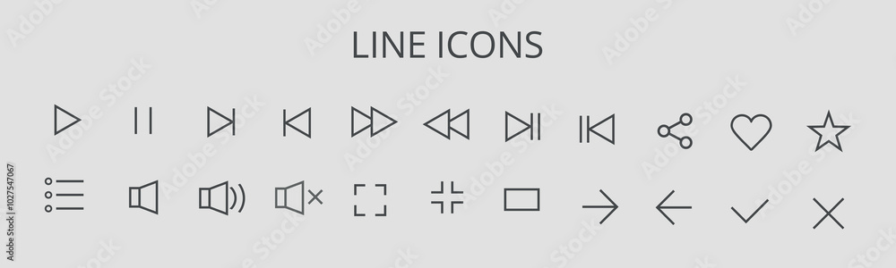 Set of outline button icons for media control. Vector on a gray background