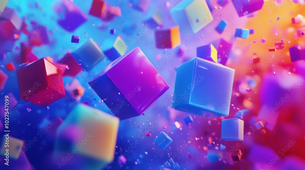 Colorful Geometric Shapes Floating in Abstract Background Colorful Geometric Shapes Floating in Abstract Background