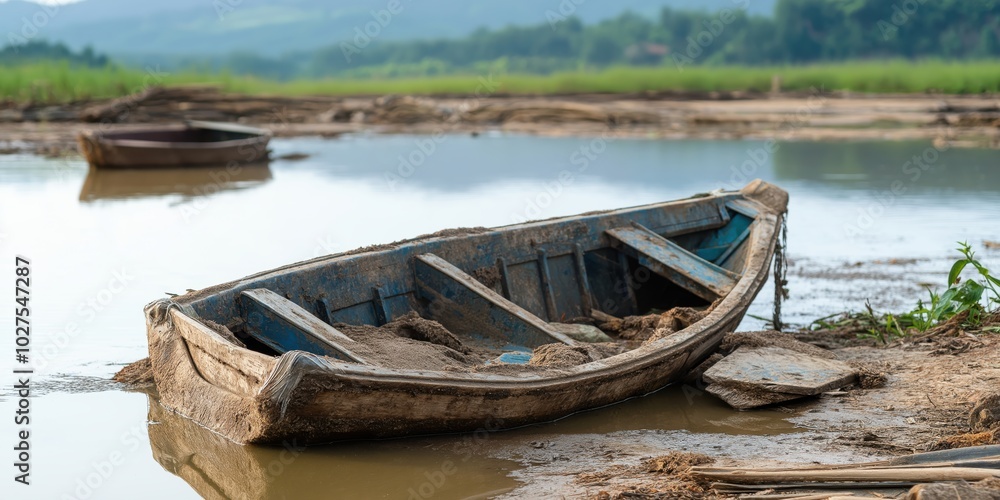 An old wooden boat sits abandoned and grounded on the muddy shore of a tranquil river, with another boat and lush green landscape in the hazy background, symbolizing peace. An old wooden boat sits abandoned and grounded on the muddy shore of a tranquil river, with another boat and lush green landscape in the hazy background, symbolizing peace.