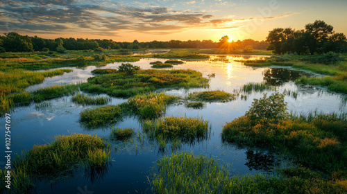 A tranquil lake with lush vegetation and a stunning sunset in the background.