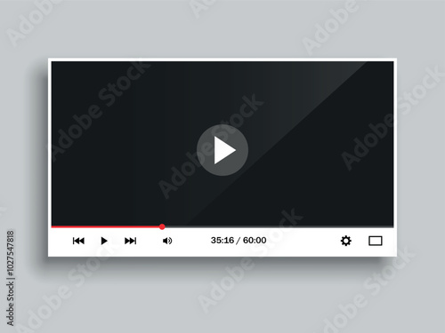 White flat video player for online viewing. Vector on a gray background.