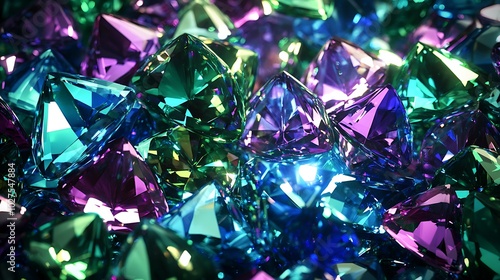 Close-up of sparkling gemstones in various shades of blue, green, and purple.