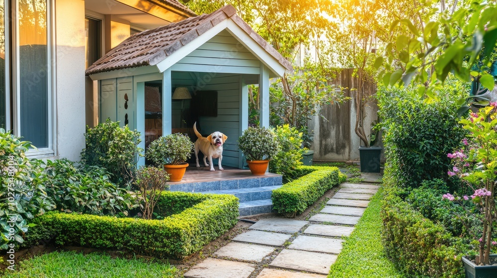 Cozy Garden with Dog in a Charming Backyard Setting Cozy Garden with Dog in a Charming Backyard Setting