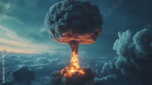 A dramatic explosion creates a mushroom cloud amidst a cloudy sky, evoking themes of destruction and power.