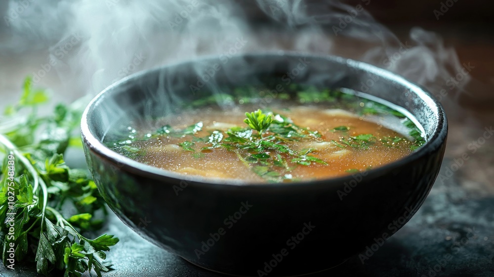 a steaming bowl of homemade broth garnished with fresh herbs, highlighting comfort food and nourishment a steaming bowl of homemade broth garnished with fresh herbs, highlighting comfort food and nourishment