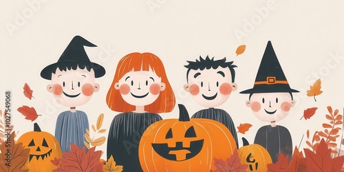 Cheerful children in Halloween costumes pose with a pumpkin, capturing the fun and spirit of the festive season.