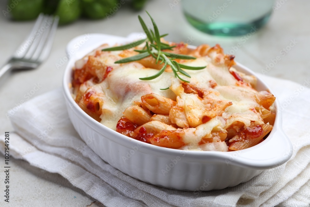 Delicious al forno pasta in baking dish on light table, closeup Delicious al forno pasta in baking dish on light table, closeup
