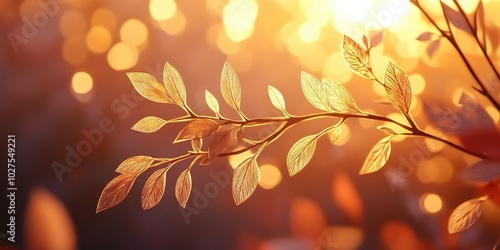 Vibrant branch adorned with golden leaves Warm autumn backdrop featuring a soft bokeh effect, Golden leaves on a vibrant branch with a soft bokeh autumn background