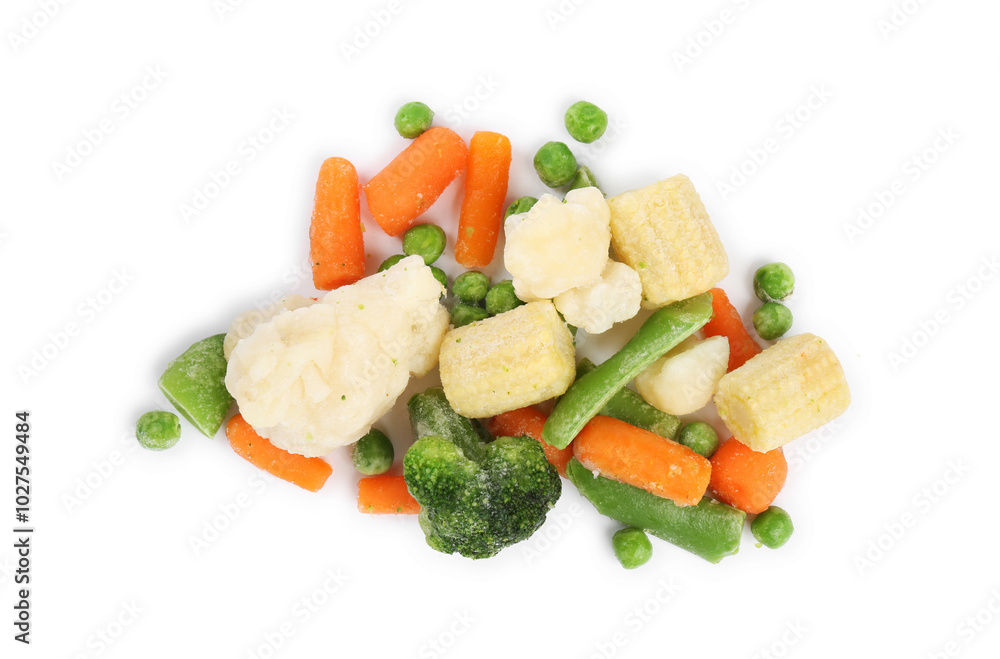 Mix of different frozen vegetables isolated on white, top view Mix of different frozen vegetables isolated on white, top view