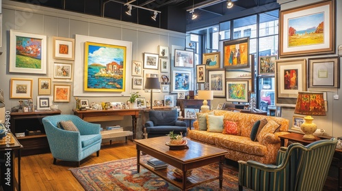 Cozy Art Gallery Interior with Colorful Paintings