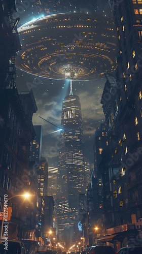 s ufo night scene, a s new york city night, the skyline lit by dim neon lights an elliptical ufo hovers over skyscrapers, casting eerie shadows below, creating a mysterious and tense photo