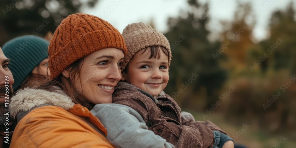 Fototapeta premium Joyful moment between mother and son outdoors, sharing warmth in cozy sweaters during a chilly day, showcasing love and connection.