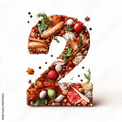 3D number 2 with spices texture realistic modern design, soft lighting, white background