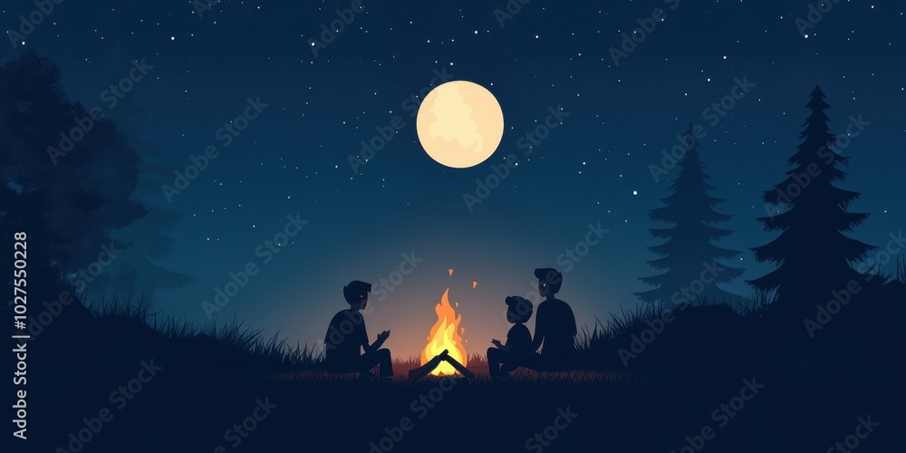 Silhouettes of friends around a campfire under a starry night sky with a bright moon, creating a peaceful outdoor atmosphere. Silhouettes of friends around a campfire under a starry night sky with a bright moon, creating a peaceful outdoor atmosphere.