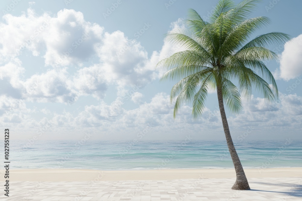 Obraz premium Lone palm tree on a serene beach under a beautiful sky