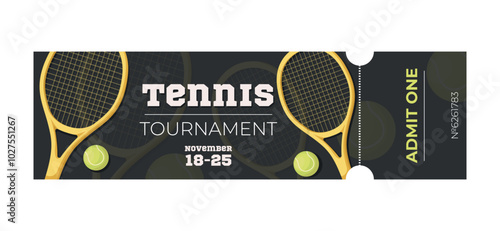 Vector sport tickets isolated on white background. Tennis ticket card template. Card invitation, event and date, place sector. Ticket icon for website. Tennis Tournament.Racket for tennis and ball.