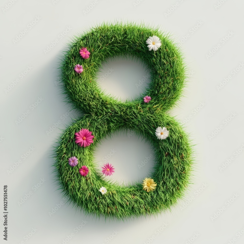 3D number 8 with grass with flowers texture realistic modern design, soft lighting, white background 3D number 8 with grass with flowers texture realistic modern design, soft lighting, white background
