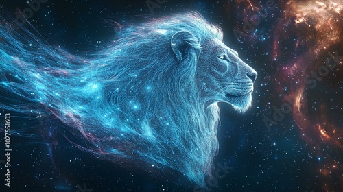 Cosmic Lion Made of Stars and Light in Space