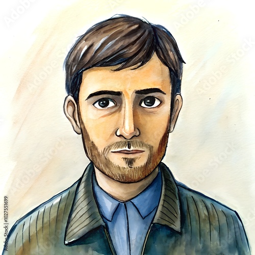 Young man with a serious expression, portrait illustration on a light background