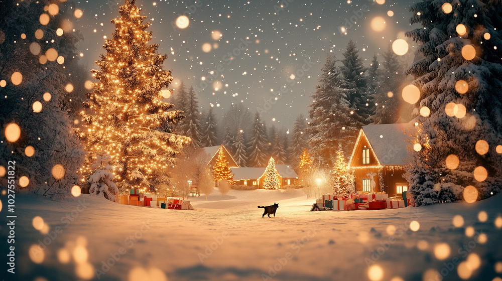 Fototapeta premium A cat walks in the snow, next to it is an old European-style house with Christmas trees and gifts around it. The sky has stars, a beautiful sunset, warm colors, bright light, high definition, 