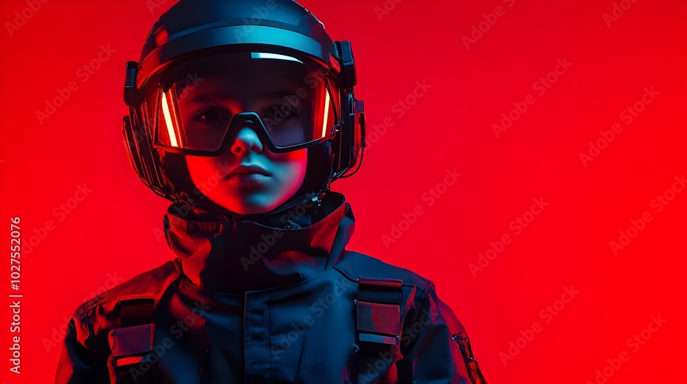 A dramatic portrait shot of a determined preteen boy dressed in a bold futuristic outfit against a vibrant vermilion studio background with dynamic lighting and copy space A dramatic portrait shot of a determined preteen boy dressed in a bold futuristic outfit against a vibrant vermilion studio background with dynamic lighting and copy space