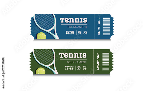 Vector sport tickets isolated on white background. Tennis ticket card template. Card invitation, event and date, place sector. Ticket icon for website. Tennis Tournament.Racket for tennis and ball.