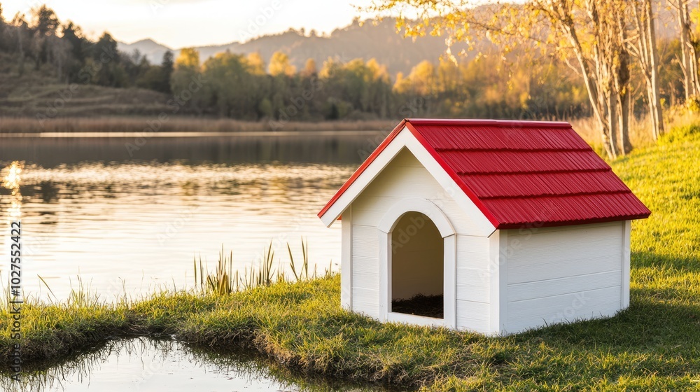 Cozy Dog House by Serene Lakeside Landscape Cozy Dog House by Serene Lakeside Landscape