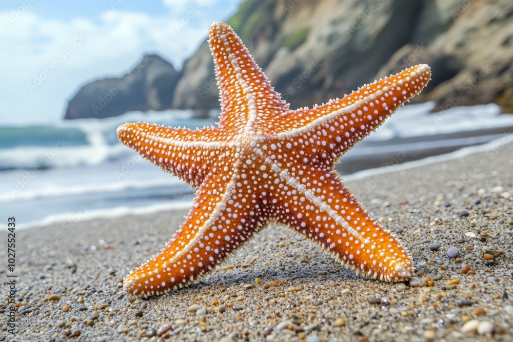 Starfish resting on sandy beach with gentle waves in the background Starfish resting on sandy beach with gentle waves in the background