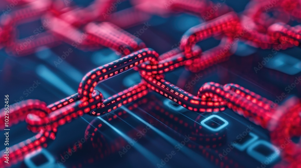 Close-up of a digital blockchain network with red links and binary code background, representing advanced technology and data security. Close-up of a digital blockchain network with red links and binary code background, representing advanced technology and data security.