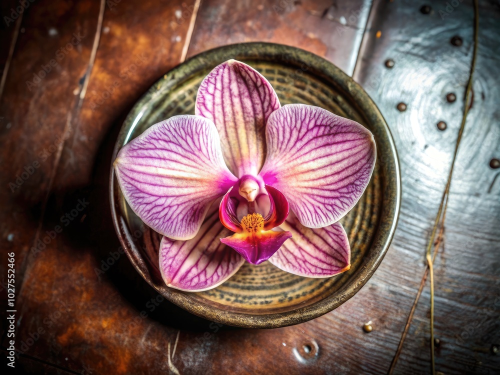 Delicate pink orchid resting on a wooden surface. Delicate pink orchid resting on a wooden surface.