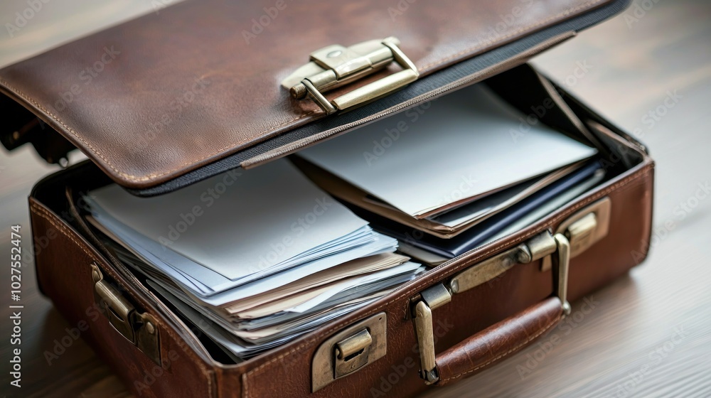 a briefcase opened to reveal organized documents and a laptop, highlighting productivity and preparation for meetings a briefcase opened to reveal organized documents and a laptop, highlighting productivity and preparation for meetings