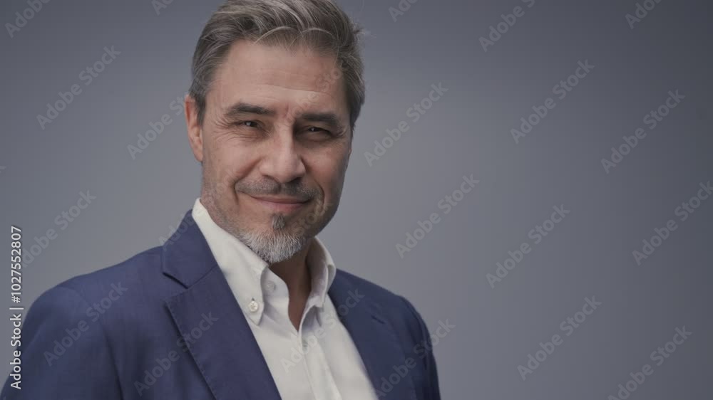 Business portrait - businessman smiling, jacket and open collar white shirt. Mature age, middle age, mid adult man in 50s with gray hair and happy confident smile. Copy space. Business portrait - businessman smiling, jacket and open collar white shirt. Mature age, middle age, mid adult man in 50s with gray hair and happy confident smile. Copy space.
