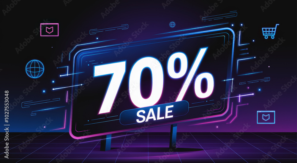 Fototapeta premium Vibrant digital sale sign with 70% discount on a dark background.