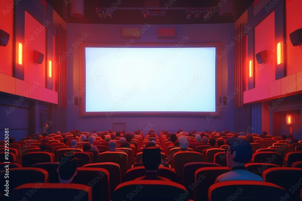 Audience members enjoy a film in a comfortable theater, with soft seats and a large screen illuminating the room during an evening show. Generative AI Audience members enjoy a film in a comfortable theater, with soft seats and a large screen illuminating the room during an evening show. Generative AI