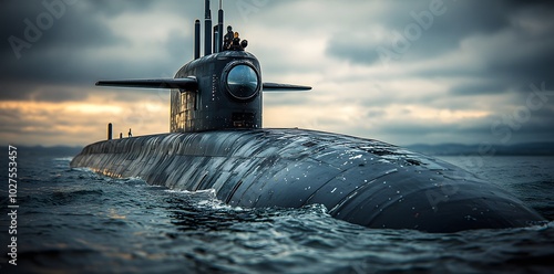 A submarine surfaces in a tranquil sea under a moody sky, showcasing military technology. photo