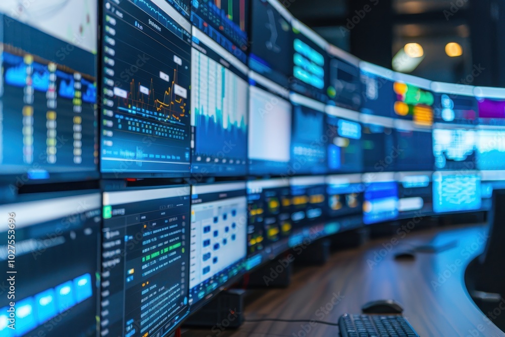 A modern control room with multiple computer screens displaying data and graphs. Perfect for depicting technology and data analysis scenes. A modern control room with multiple computer screens displaying data and graphs. Perfect for depicting technology and data analysis scenes.