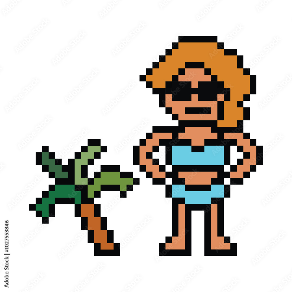 Fototapeta premium Cute pixel cartoon two piece character woman bikini swimming suit game summer beach vacation for decoration lifestyle female bikini cartoon 8 bit holiday relax pixel art png vector.