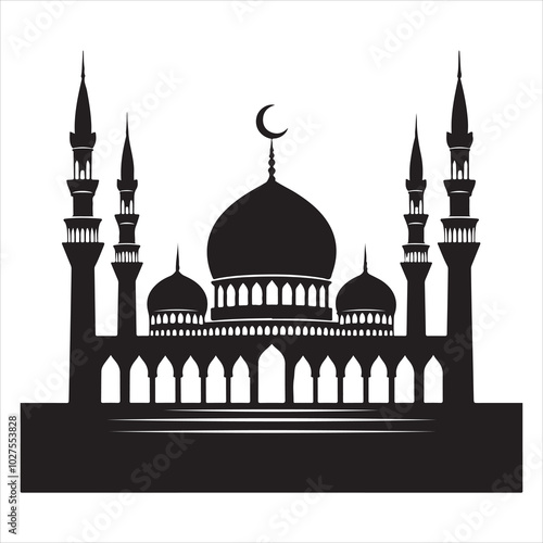 Black silhouette of a grand mosque with minarets and dome, clear and detailed on a pure white background