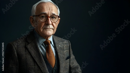 A portrait shot of a serious elderly gentleman dressed in a sharp tailored three piece suit