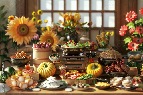 Joyful 3D render of a Korean Chuseok feast with traditional foods, family members, and harvest decorations, created by ai