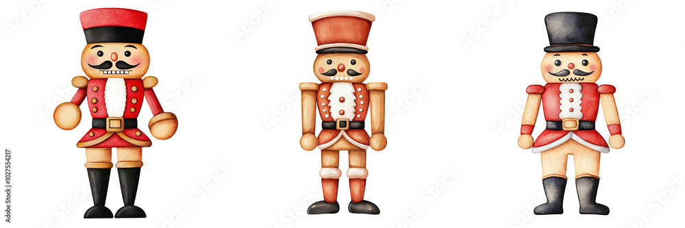 Three colorful nutcracker soldiers on a white isolated background.,Transparent background.