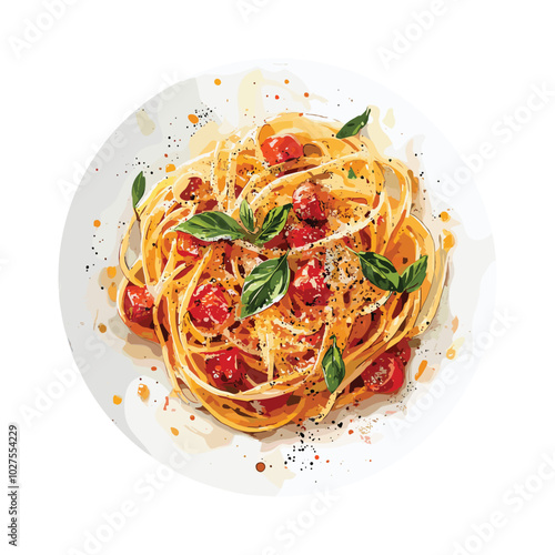 spaghetti pasta in watercolor illustration style, isolated vector on white background