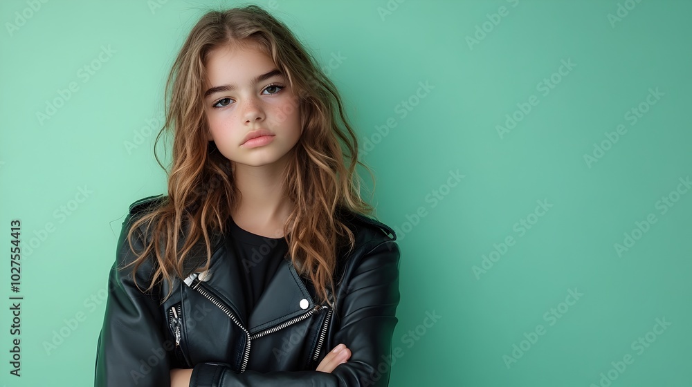 Portrait shot of a curious and stylish teenage girl wearing an edgy leather moto jacket posing against a plain hunter green studio background with soft lighting Portrait shot of a curious and stylish teenage girl wearing an edgy leather moto jacket posing against a plain hunter green studio background with soft lighting