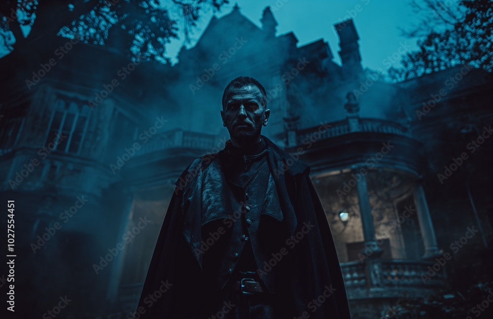 Naklejka premium A young man wearing vampire costume for Halloween on background of old house.