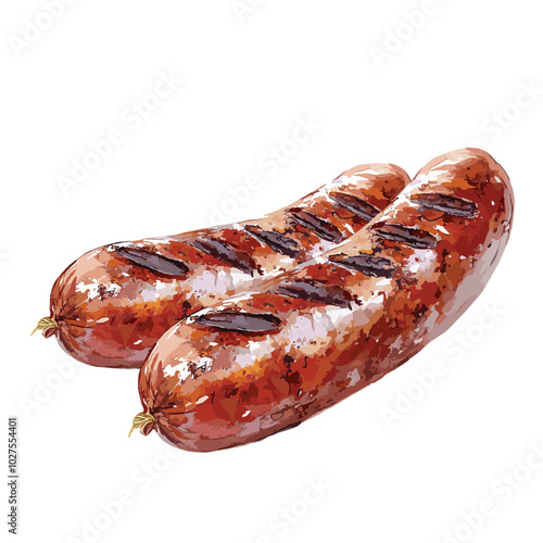 grilled sausage in watercolor illustration style, isolated vector on white background