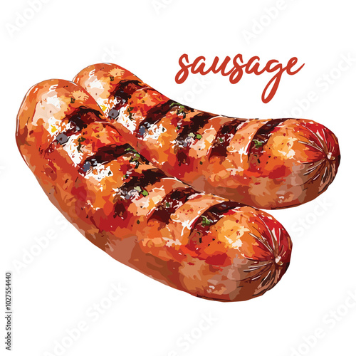 grilled sausage in watercolor illustration style, isolated vector on white background